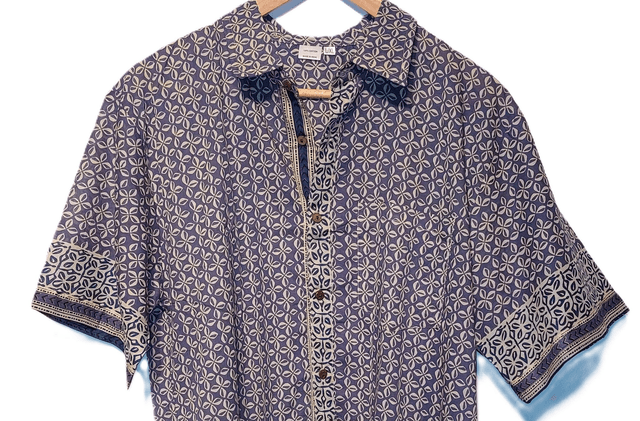 Chemise d'été homme manches courtes, coton léger, motif floral bleu et beige