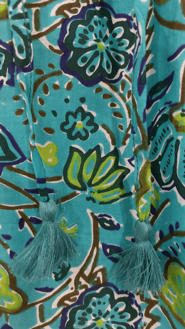 Robe portefeuille d'été - Fille 2-7 ans - Coton indien léger imprimé à la main - Pompons - Motif floral