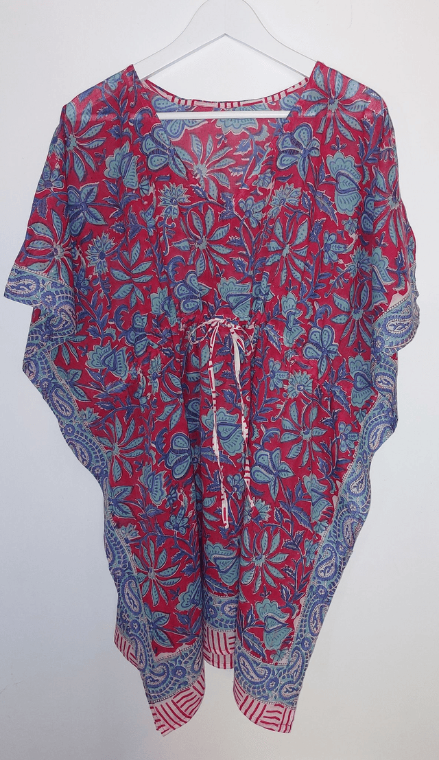 Caftan en coton voile imprimé à la main -  Léger, artisanal, estival - rouge