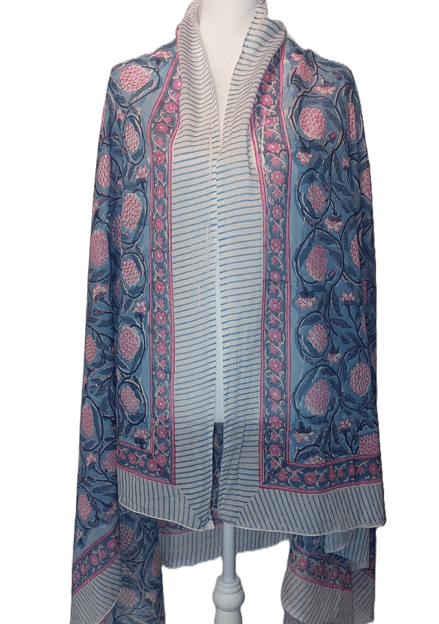 Paréo de plage en coton voile indien imprimé à la main – Motif floral rose et bleu – Étole & châle bohème     