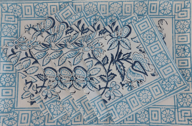 6 sets de table et serviettes, imprimés à la main, fleurs bleues, coton 