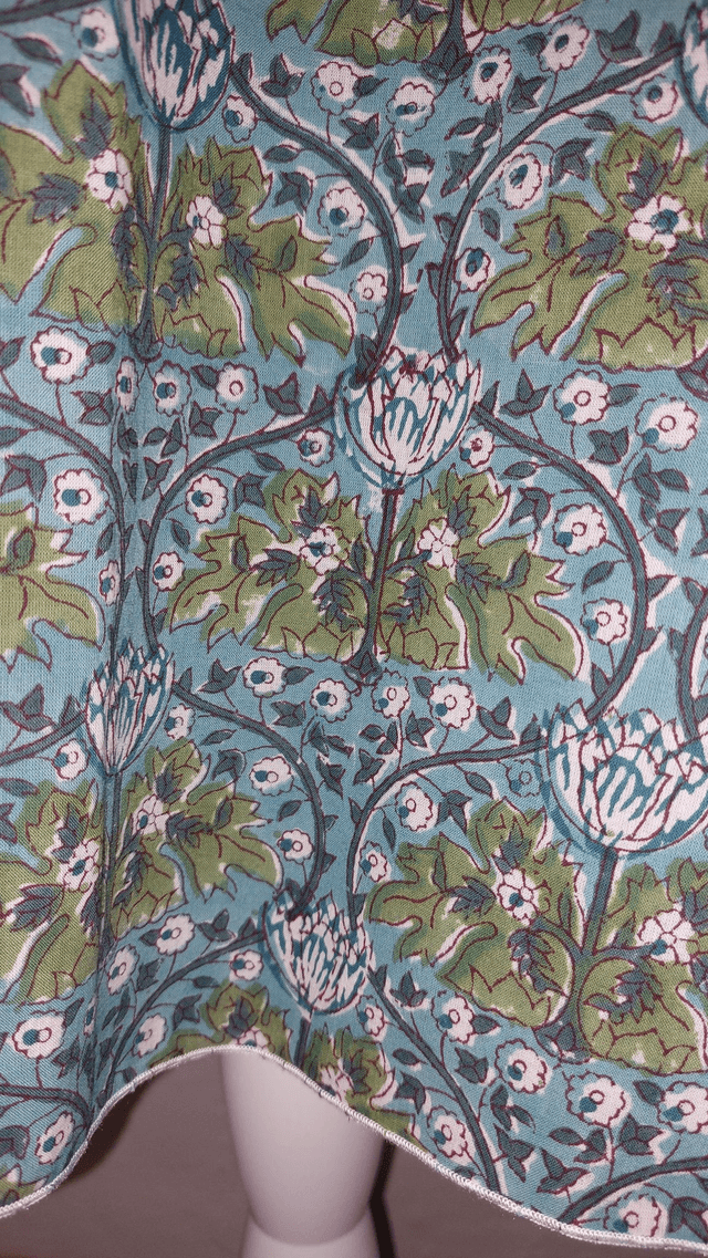 Jupe d'été mi-longue - Coton voile léger – Imprimé Block Print Artisanal – Motif floral blanc et vert sur bleu – Slow fashion femme 