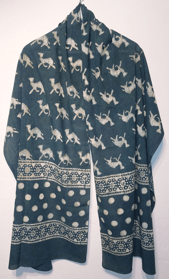 Étole, teinture naturelle verte, coton imprimé à la main, écharpe légère, indigo - Cadeau femme artisanal éthique 