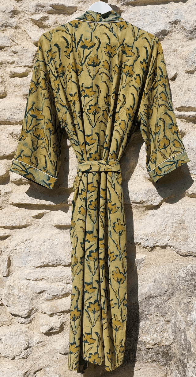  Peignoir unisexe, teintures naturelles artisanales, imprimé à la main, jaune et bleu, robe de chambre L.120cm 