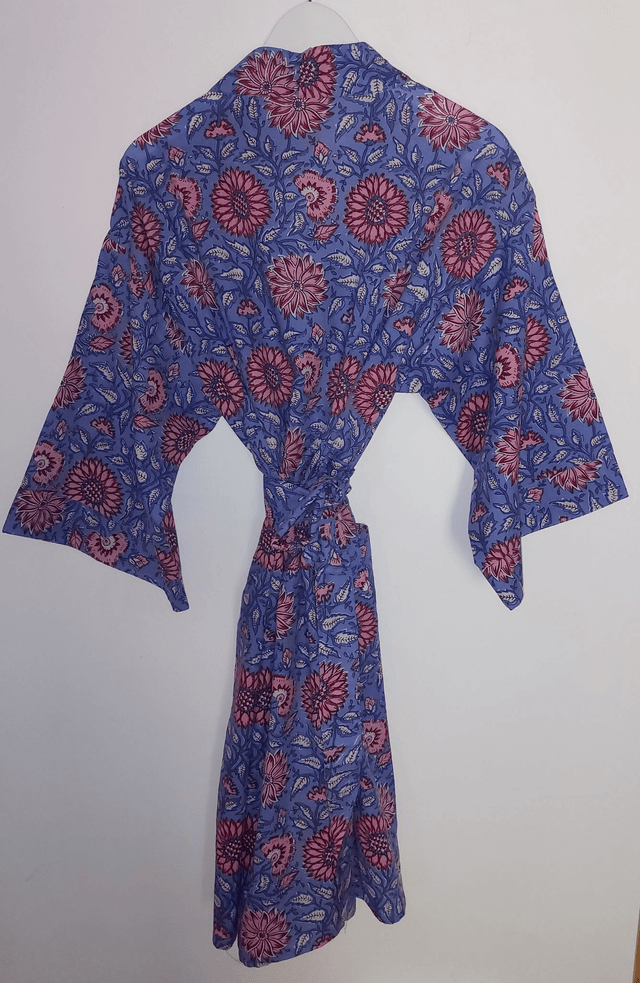 Robe kimono en coton, peignoir, robe de chambre, imprimé à la main, motif floral rose, bleu, rouge, blanc, L.100cm