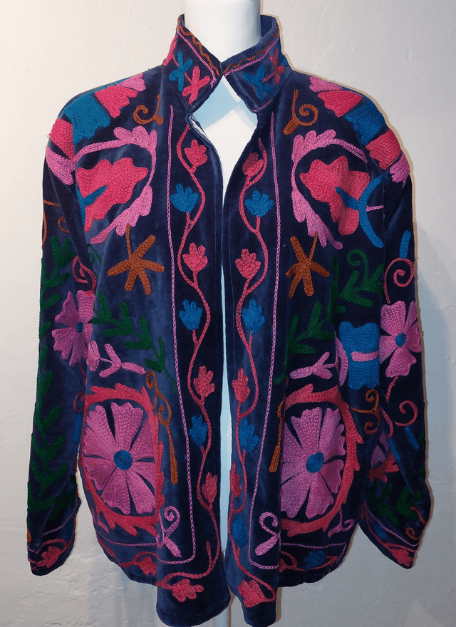 Veste en velours bleu brodé Suzani, faite main