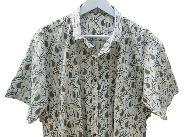 Chemise d'été homme manches courtes, coton léger, motifs jaunes, gris et beige