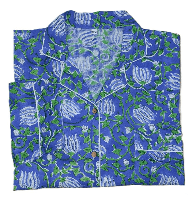 Pyjama femme en coton léger imprimé à la main – Ensemble boutonné deux pièces - bleu et vert
