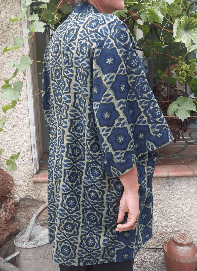 Gilet kimono bleu et vert en coton, teinture naturelle, imprimé à la main, artisanale 