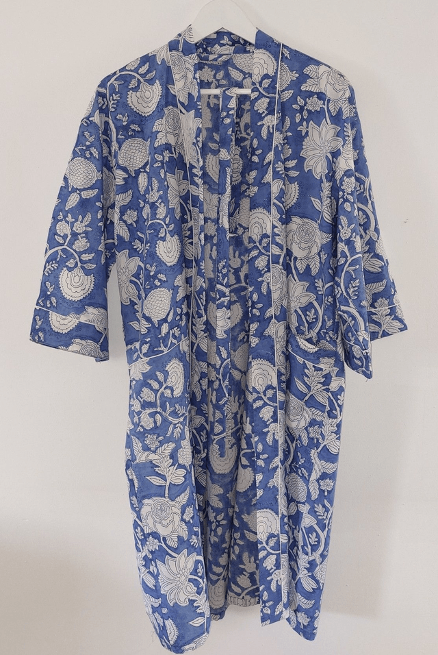 Robe kimono en coton, peignoir, robe de chambre, imprimé à la main, motif floral blanc et bleu, L.100cm  