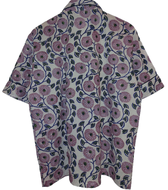 Pyjama court en coton indien – Imprimé floral artisanal – Fait main - Slow fashion - Lilas sur blanc
