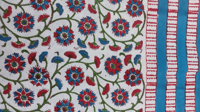 Nappe carrée 100cm imprimée à la main, coton, floral rouge, turquoise et vert