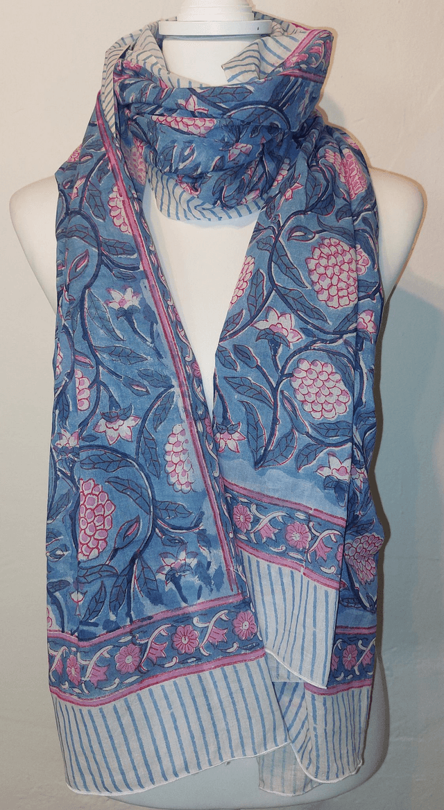 Paréo de plage en coton voile indien imprimé à la main – Motif floral rose et bleu – Étole & châle bohème     