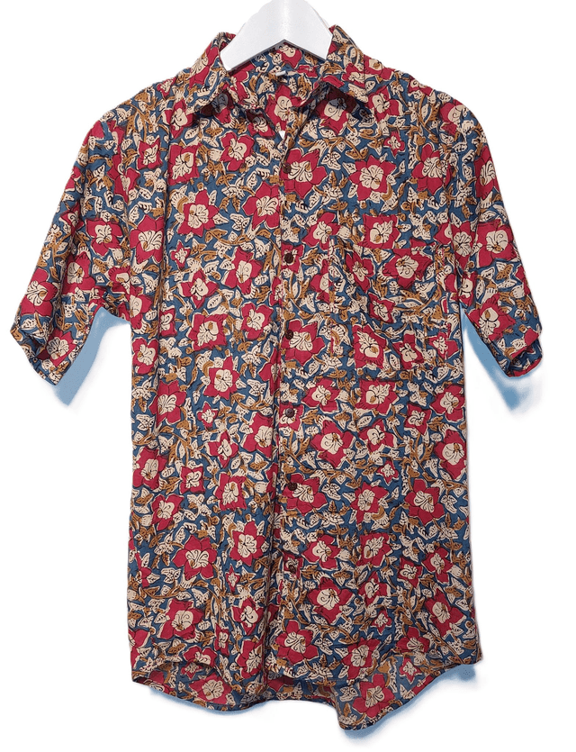 Chemise d'été homme manches courtes, coton léger imprimé à la main, motif floral rouge, bleu, beige