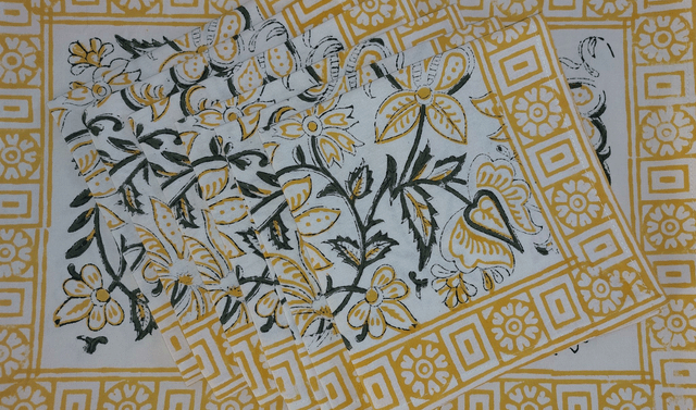 6 sets de table et serviettes, imprimés à la main, fleurs jaunes et vertes, coton