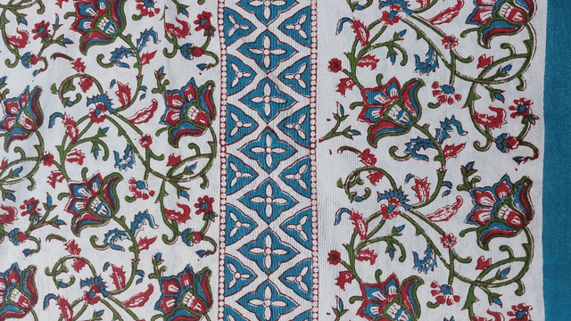 Nappe carrée 150cm impression florale à la main, rouge, bleu, vert,coton