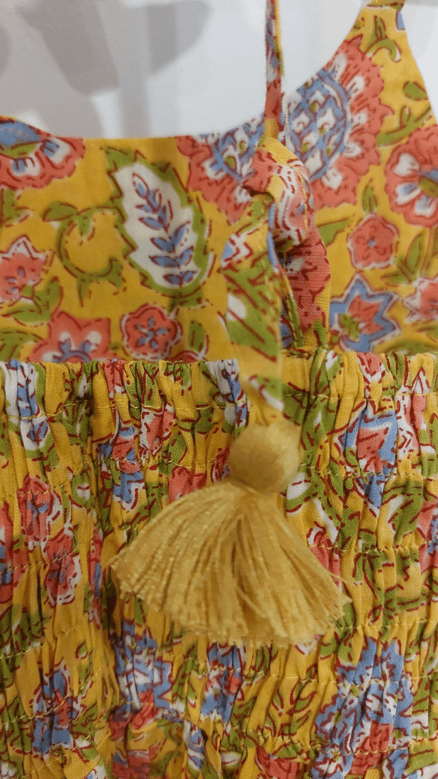 Salopette d'été à pompons - Fille 2-5 ans -  Coton indien léger imprimé à la main – Motif floral – Jaune ou bleu