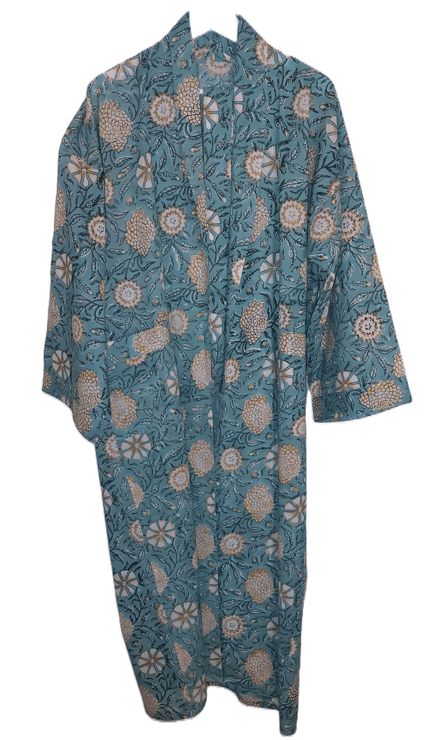 Peignoir kimono unisexe en coton naturel imprimé à la main, motif floral jaune, vert, blanc, robe de chambre L.130cm 