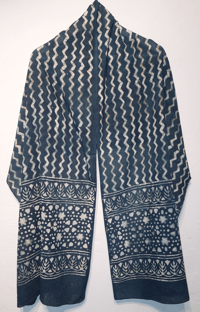 Étole, teinture naturelle verte, coton imprimé à la main, écharpe légère, indigo - Cadeau femme artisanal éthique 