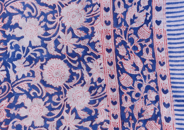 Paréo de plage en coton voile indien imprimé à la main – Motif floral bleu, blanc et rouge – Étole & châle bohème  