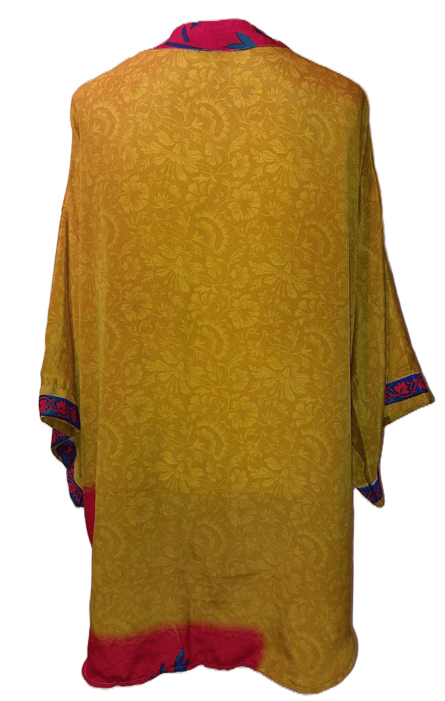 Gilet kimono femme sari vintage recyclé, unique, confectionnée à la main dans les villages indiens, jaune d'or, rouge, bleu