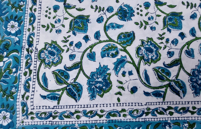 Grande nappe rectangulaire imprimée à la main, coton, motif floral vert et turquoise bleu