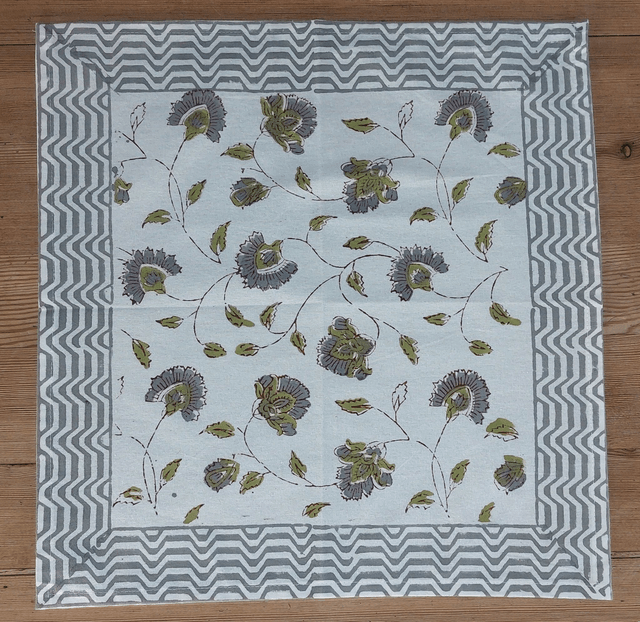 6 sets de table et serviettes, imprimés à la main, fleurs grises et vertes, coton  