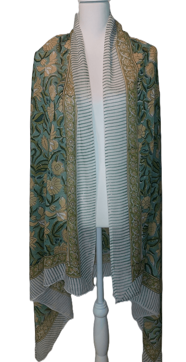 Paréo de plage en coton voile indien imprimé à la main – Motif floral beige et vert – Étole & châle bohème    