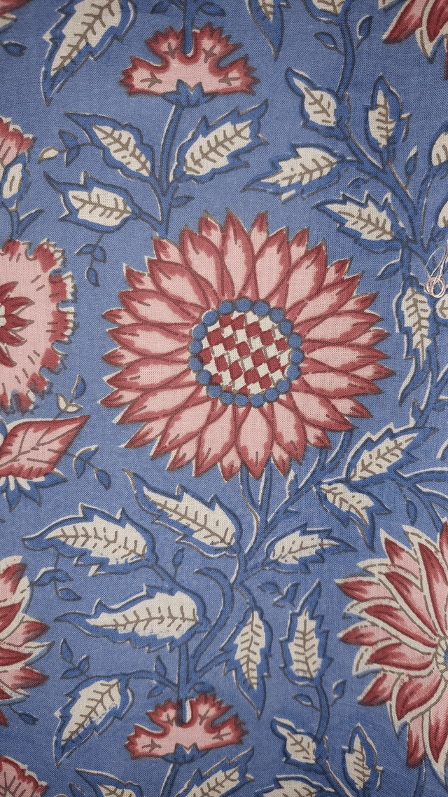 Robe kimono en coton, peignoir, robe de chambre, imprimé à la main, motif floral rose, bleu, rouge, blanc, L.100cm