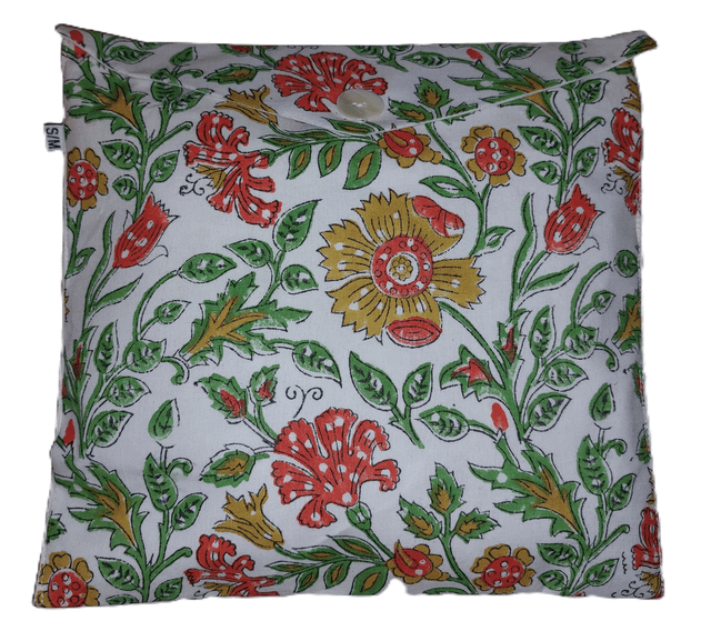 Pyjama court en coton indien – Imprimé floral artisanal – Fait main - Slow fashion - Jaune, orange, vert sur blanc cassé