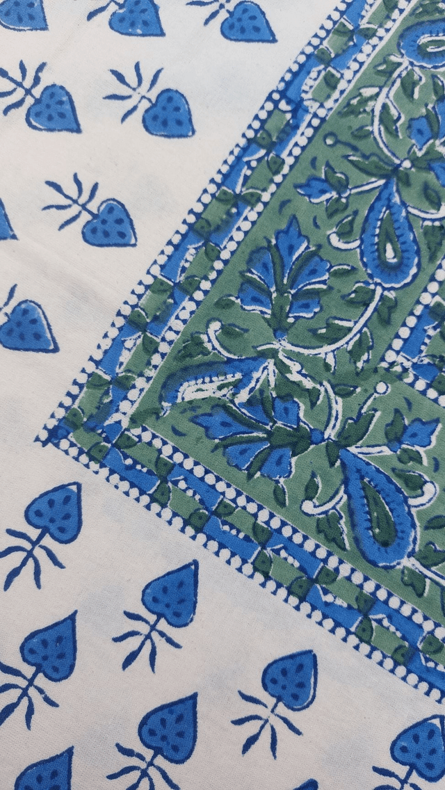 Grande nappe rectangulaire et 6 serviettes imprimées à la main, coton de grande qualité, motif floral vert et bleu