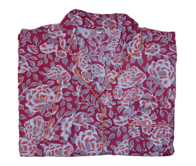 Pyjama femme en coton léger imprimé à la main – Ensemble boutonné deux pièces - rouge et orange