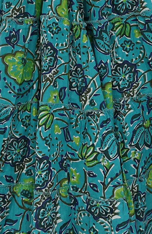 Robe d'été à smocks - Fille 2-5 ans - Coton indien léger imprimé à la main - Motif floral - Turquoise, bleu, vert