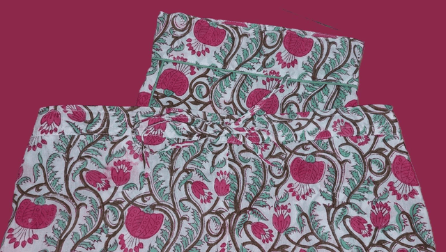 Pyjama femme en coton léger imprimé à la main – Ensemble boutonné deux pièces - rose et vert