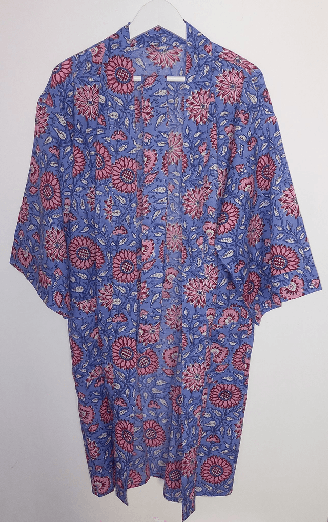 Robe kimono en coton, peignoir, robe de chambre, imprimé à la main, motif floral rose, bleu, rouge, blanc, L.100cm