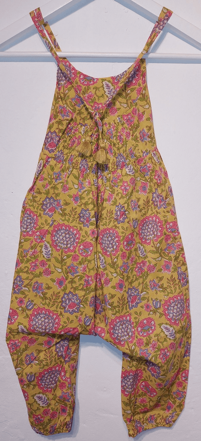 Salopette d'été à pompons - Fille 2-5 ans -  Coton indien léger imprimé à la main – Motif floral – Jaune ou bleu