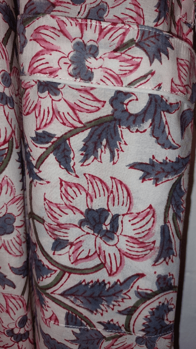 Robe kimono en coton, peignoir, robe de chambre, imprimé à la main, motif floral rose et gris, L.100cm