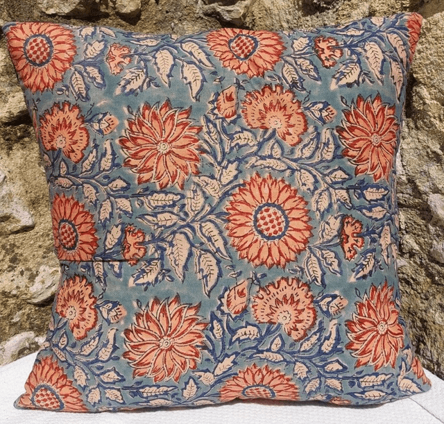 Housses de coussin block print en coton – Fleurs et motifs traditionnels - Imprimé à la main en Inde (40x40cm)
