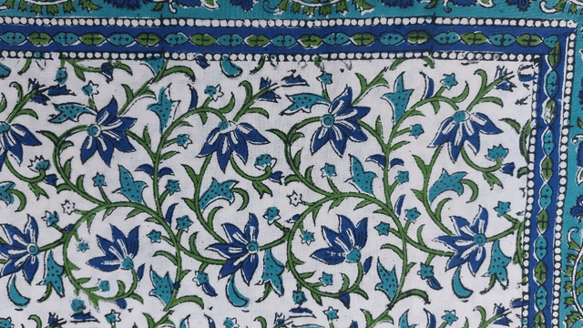 Nappe carrée 100cm imprimée à la main, coton, motif floral bleu, turquoise et vert