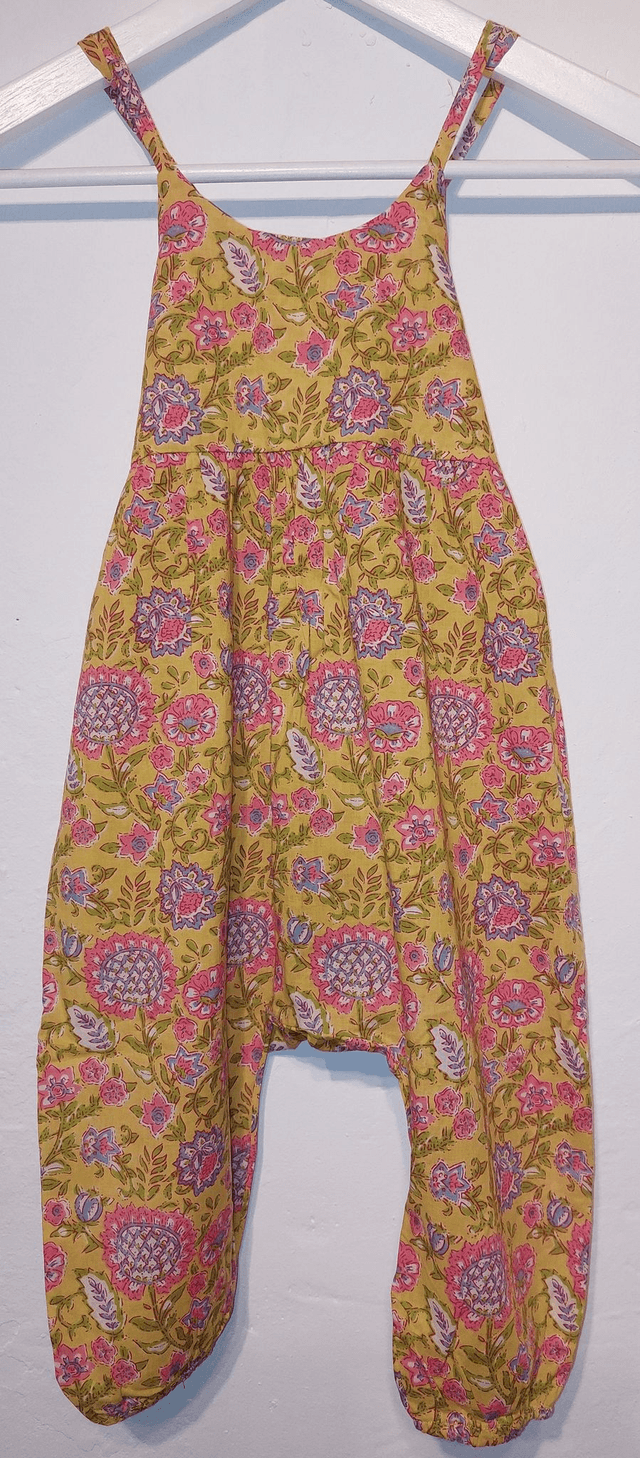 Salopette d'été à pompons - Fille 2-5 ans -  Coton indien léger imprimé à la main – Motif floral – Jaune ou bleu