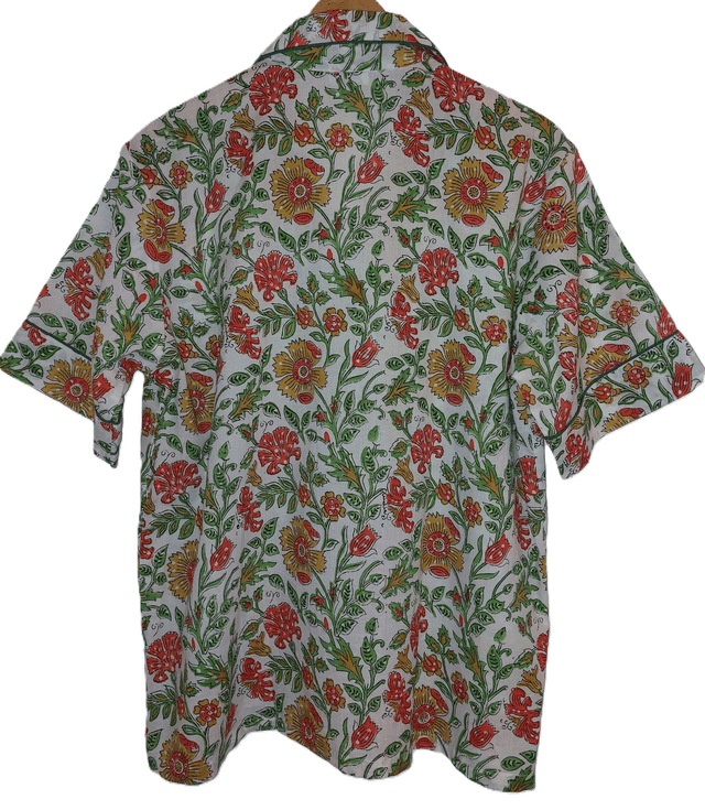 Pyjama court en coton indien – Imprimé floral artisanal – Fait main - Slow fashion - Jaune, orange, vert sur blanc cassé