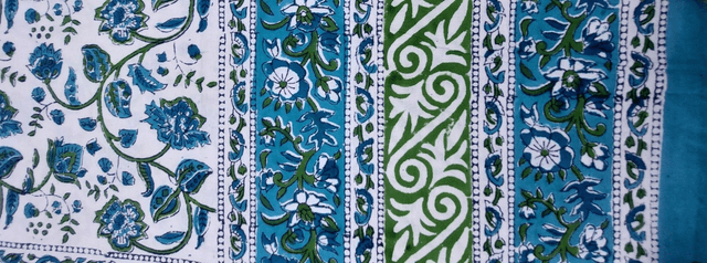 Grande nappe rectangulaire imprimée à la main, coton, motif floral vert et turquoise bleu