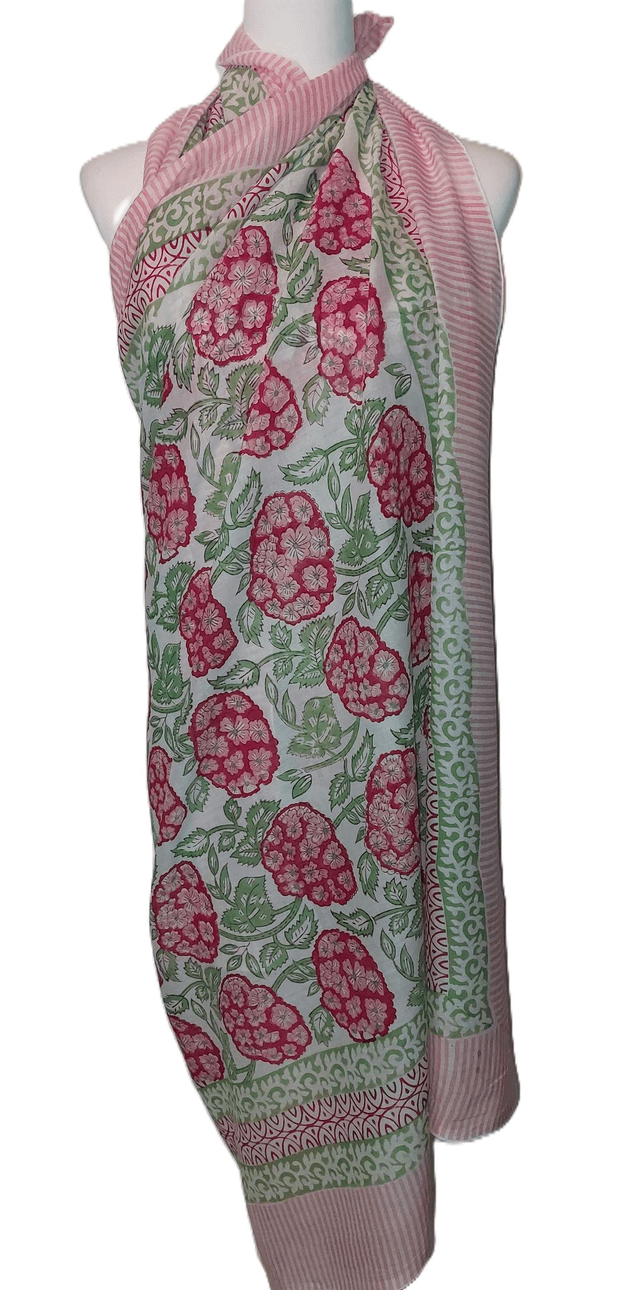 Paréo de plage en coton voile indien imprimé à la main – Motif floral rose, vert et blanc – Étole & châle bohème   
