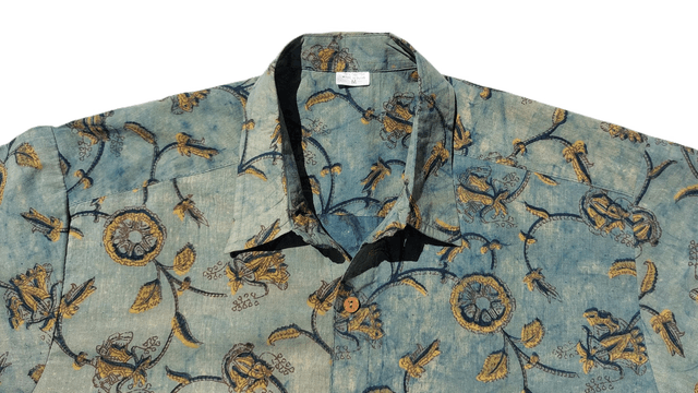 Chemise d'été homme manches courtes, teintures naturelles vertes et jaunes, coton imprimé à la main