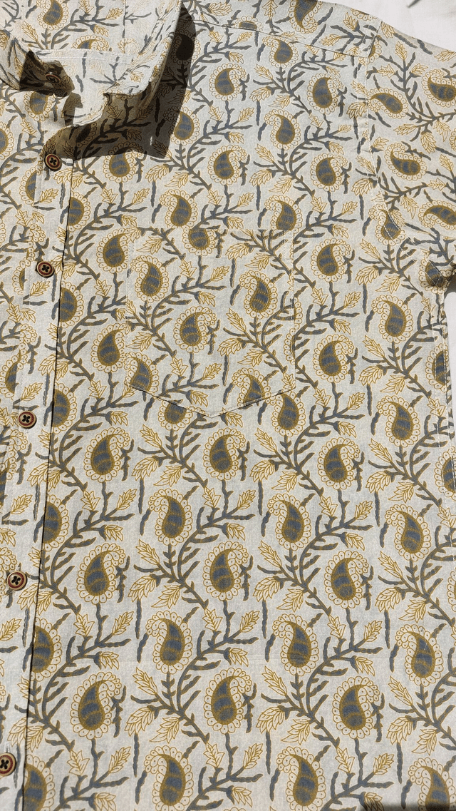 Chemise d'été homme manches courtes, coton léger, motifs jaunes, gris et beige
