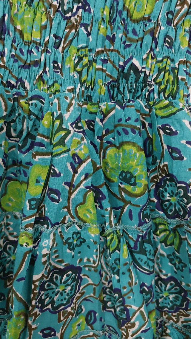 Robe d'été à smocks - Fille 2-5 ans - Coton indien léger imprimé à la main - Motif floral - Turquoise, bleu, vert