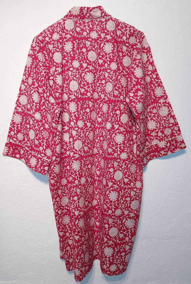 Robe kimono en coton imprimé à la main, peignoir, robe de chambre, motif floral rouge et blanc, L.100cm 