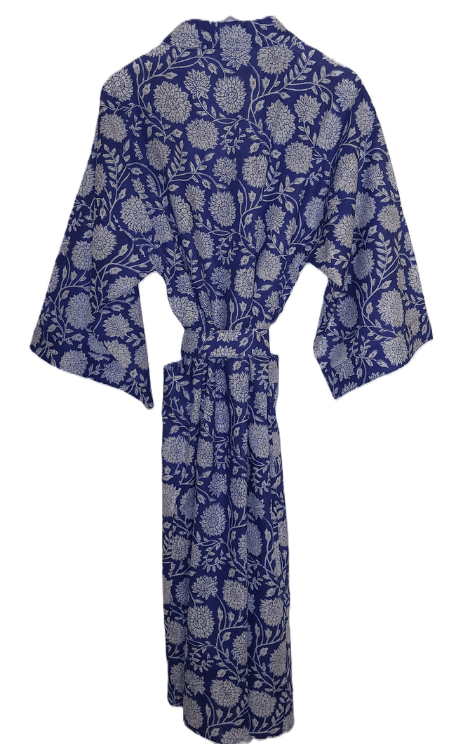 Robe kimono longue en coton, peignoir, robe de chambre, motif floral blanc et bleu, L.120cm  