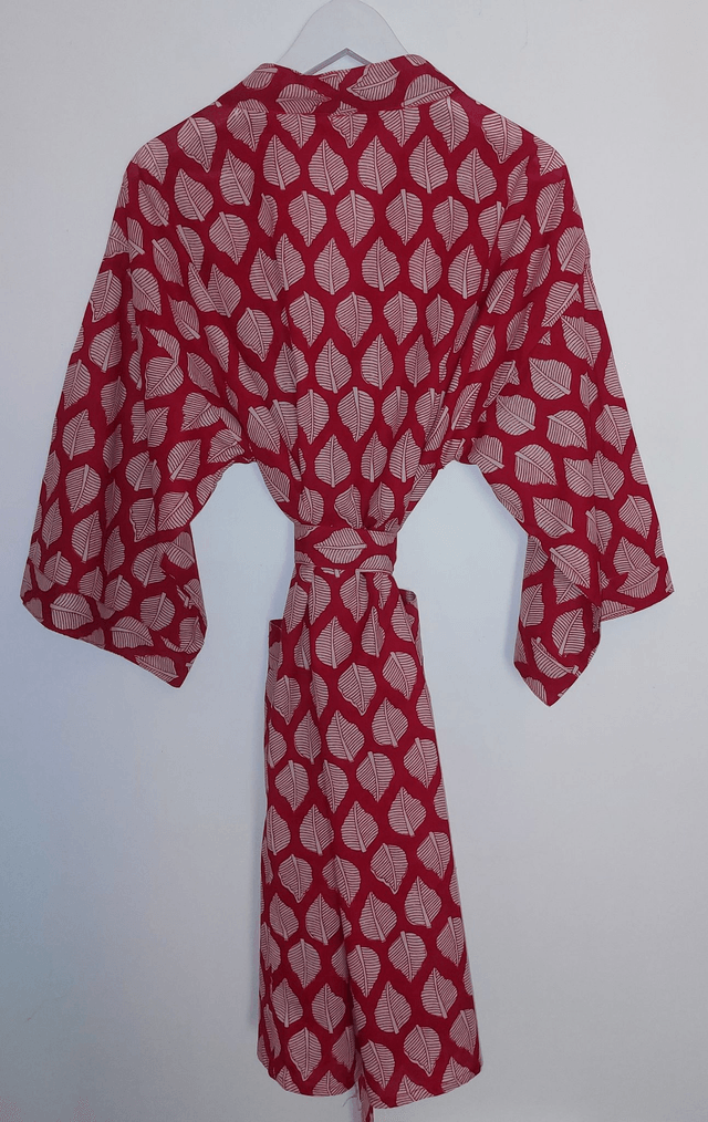 Robe kimono en coton, peignoir, robe de chambre, motif feuilles blanches sur rouge, L.100cm   