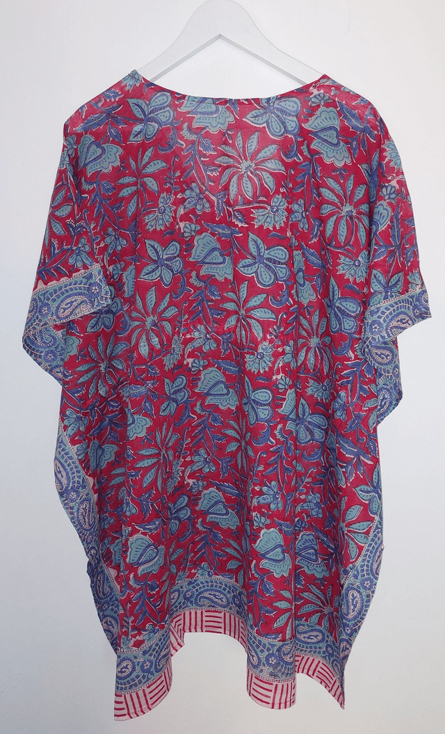 Caftan en coton voile imprimé à la main -  Léger, artisanal, estival - rouge